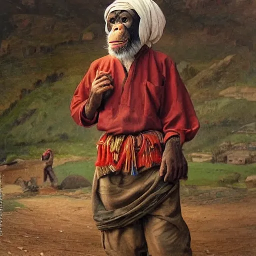 Image similar to beautiful painting by sophie anderson of a chimpanzee wearing traditional men kurdish clothes baggy pants and white shirt with a large sash tied around the waist in a kurdish village, award winning art, insanely detailed, bright colors, global illumination, cute, young, stunning