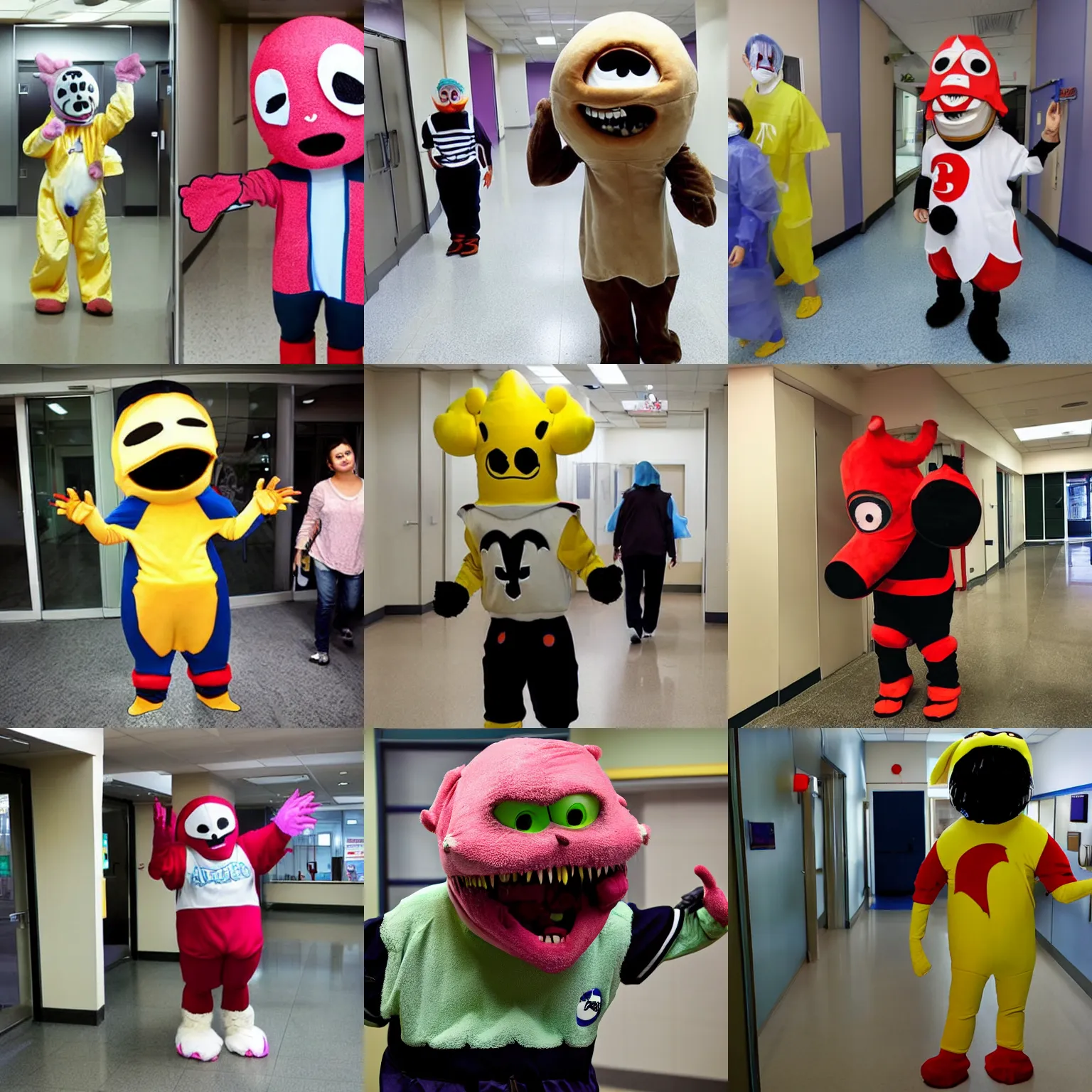 Prompt: a mascot costume with a deformed head wanders around a dark pediatric hospital, horror, scary, despair, monster