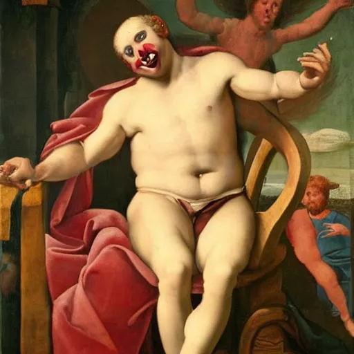 Image similar to renaissance painting of greek god eros who is a clown, has hurt his knee, sitting in a chair and is watching the game on tv, beer in hand