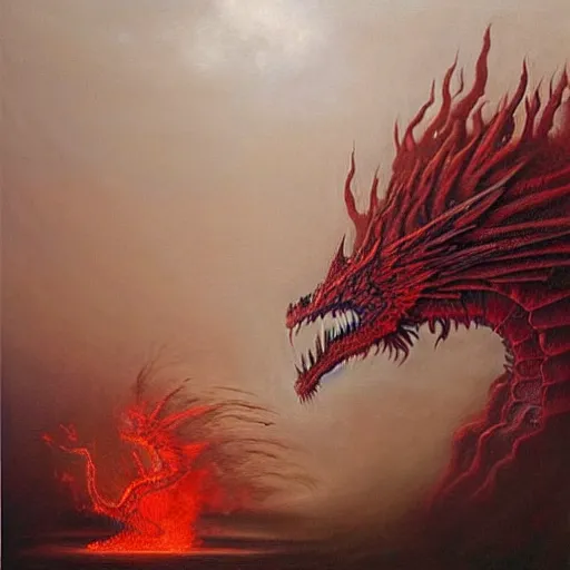 Image similar to A hyperrealistic oil painting of a ferocious highly detailed red dragon breathing fire, art by beksinski, trending on artstation