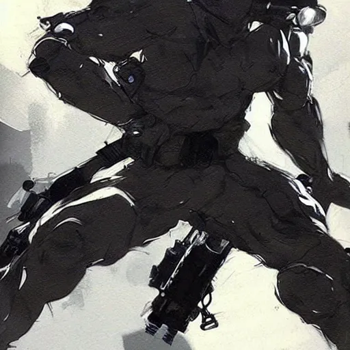 Prompt: solid snake fighting sam!!!!!! fisher!!!!!! by yoji shinkawa, concept art