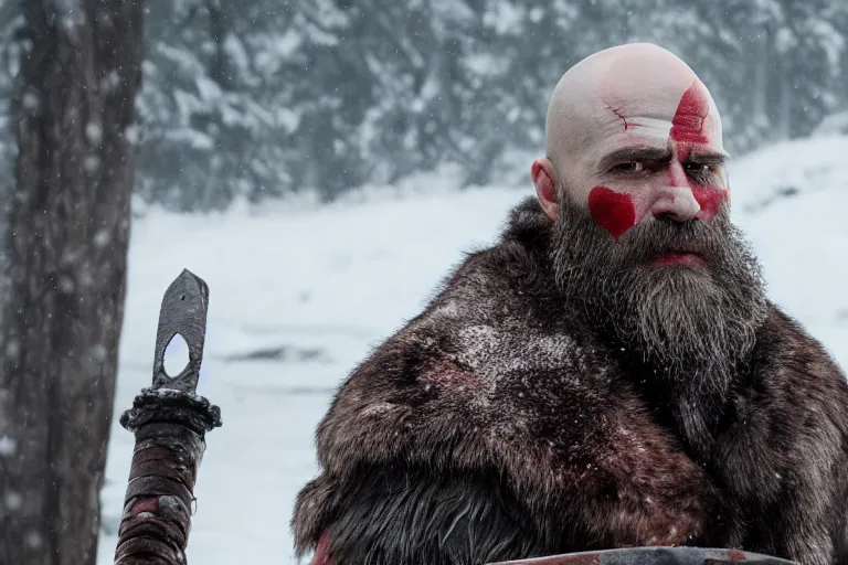 Image similar to vfx movie tough bald man in furs, natural grizzled skin, streaks of red face paint grey beard, dual wielding detailed viking war axes, in snowy tahoe, god of war by emmanuel lubezki