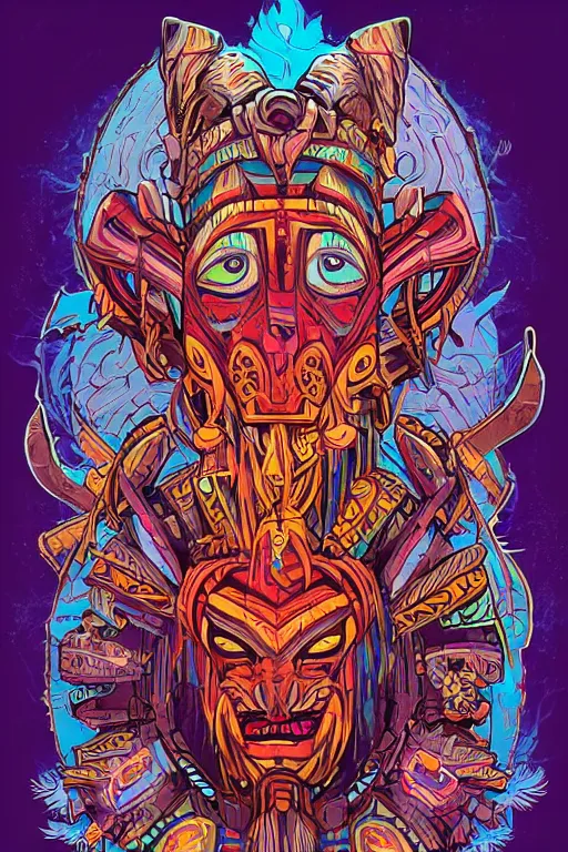 Image similar to totem animal tribal chaman vodoo mask feather gemstone plant wood rock video game illustration vivid color borderlands by josan gonzales and dan mumford radiating a glowing aura