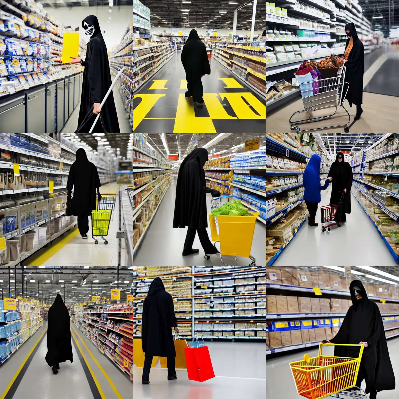 Prompt: the grim reaper shopping at ikea, high quality photography