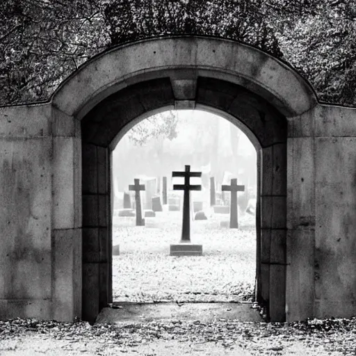 Image similar to Creepy entrance of a cemetery, grey sky