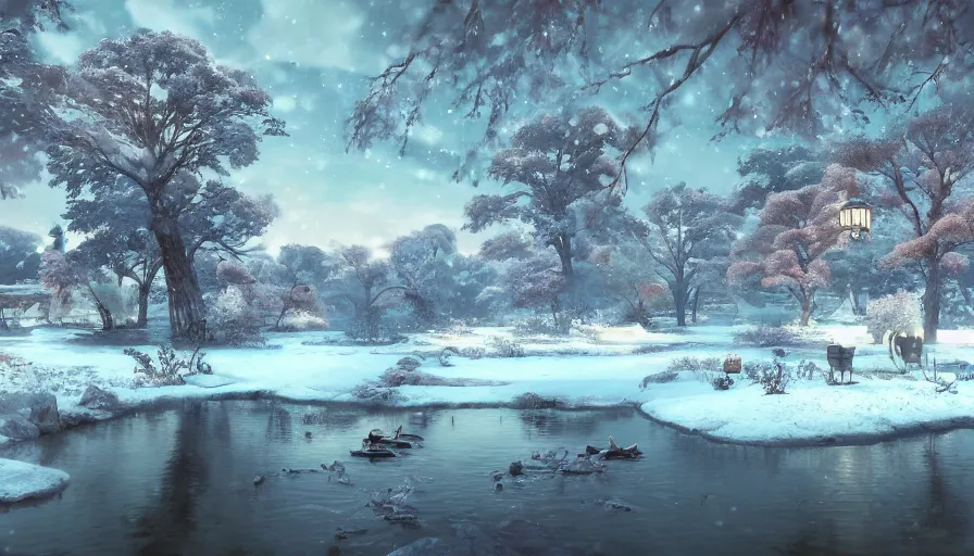 Image similar to a beautiful winter wonderland with a pond, beautiful ancient trees, hiding large treasure chest, serene evening atmosphere, soft lens, soft light, cel - shading, animation, in the style of cgsociety, deviantart, artstation, zbrush, cinema 4 d, studio ghibli, akihiko yoshida, atelier lulua, masamune shirow