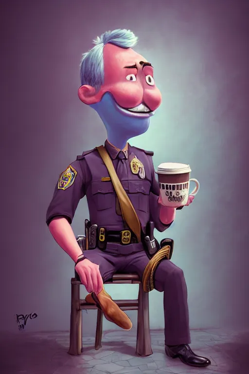 Prompt: an epic fantasy comic book style full body portrait painting of a police man drinking one cup of coffee, character design by Mark Ryden and Pixar and Hayao Miyazaki, unreal 5, DAZ, hyperrealistic, octane render, cosplay, RPG portrait, dynamic lighting, intricate detail, summer vibrancy, cinematic