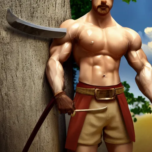 Prompt: camera footage of muscular man holding a sword with close - cropped blond hair and a long and yellow horseshoe mustache wearing brown sandals and short pants, 4 k, detailed, realistic, full body, real life