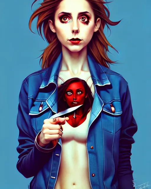 Image similar to loish, artgerm, Joshua Middleton art, Rafeal Albuquerque, pretty Alison Brie serial killer holding bloody knife in right hand realistic hand, blood on clothes and face, sarcastic smile, symmetrical eyes, symmetrical face, jean jacket, jeans, short blonde hair, middle shot, night time, deep blacks