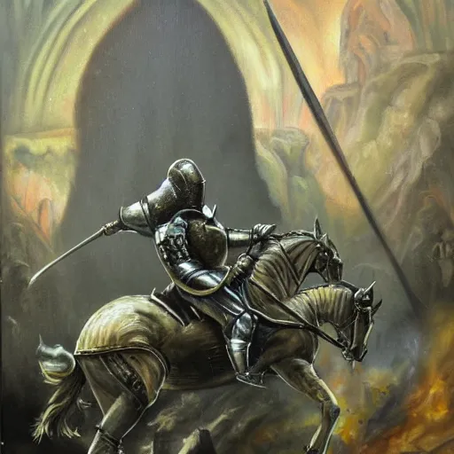 Image similar to knight's untimely demise, dark fantasy, oil painting, high detail