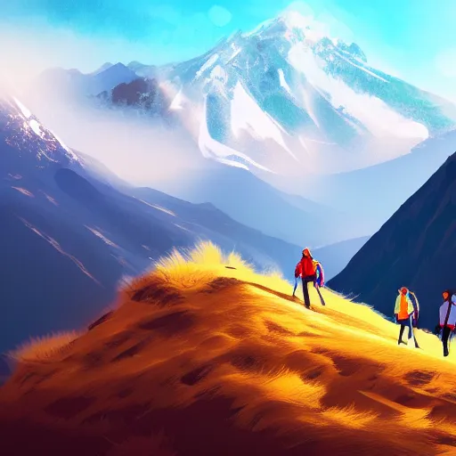 Image similar to close up photo of team in Armenia hiking at a weekend and posing with mountains on the background, elegant, highly detailed, digital painting, volumetric light, artstation, concept art, smooth, sharp focus, illustration