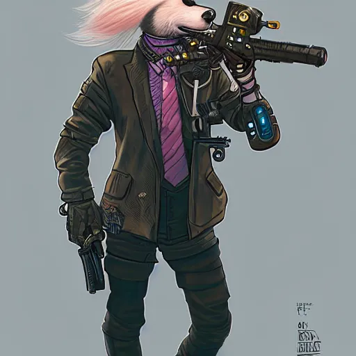 Image similar to a portrait of an anthropomorphic cyberpunk blond terrier! holding a shotgun, fantasy, elegant, digital painting, artstation, concept art, matte, sharp focus, illustration, art by josan gonzalez