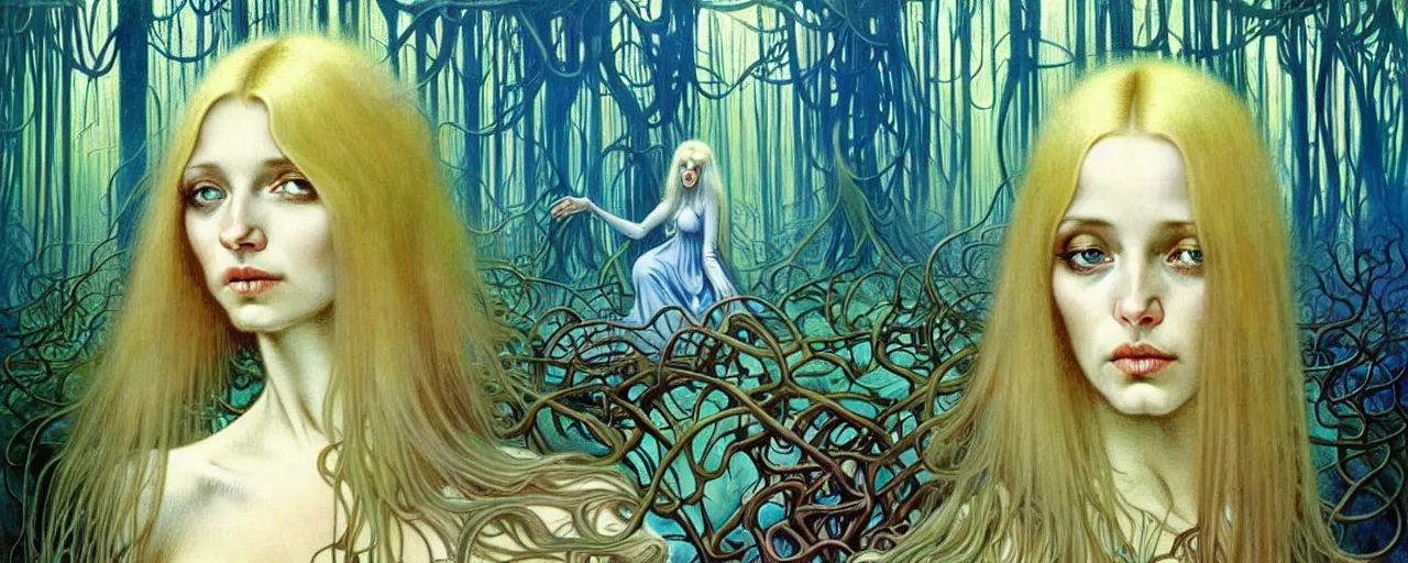 Image similar to realistic detailed portrait painting of a beautiful ghost woman with blond hair with an alien, futuristic sci-fi forest on background by Jean Delville, Amano, Yves Tanguy, Alphonse Mucha, Ernst Haeckel, Edward Robert Hughes, Roger Dean, rich moody colours, blue eyes