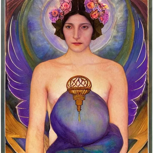 Image similar to queen of the dawn with her wings and her lantern, by Annie Swynnerton and Nicholas Roerich and Diego Rivera, flowing robes, bioluminescent skin, floral tattoos, elaborate costume, geometric ornament, symbolist, soft colors, dramatic lighting, smooth, sharp focus, extremely detailed