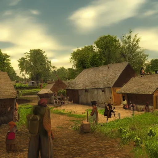 Prompt: A busy village with working peasants, Realistic, HDR, Clear Image, HDD, Dynamic lighting,