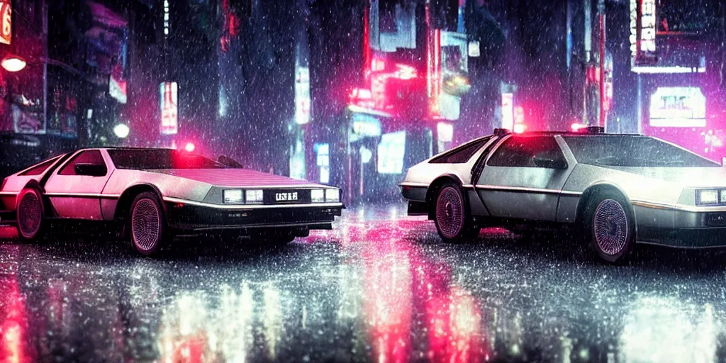 Image similar to close up macro shot of a delorean car on wet tokyo street at night, intricate, hyper detailed, smooth, high contrast, neon, volumetric lighting, octane, moebius, greg rutkowski, blade runner, ridley scott, cinematic