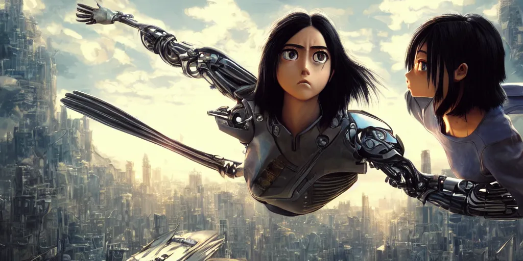 Image similar to alita battle angel, photorealistic, magical atmosphere, gthl. art, makoto shinkai, genshin impact, studio ghibli. trending on artstation. award winning digital artwork award