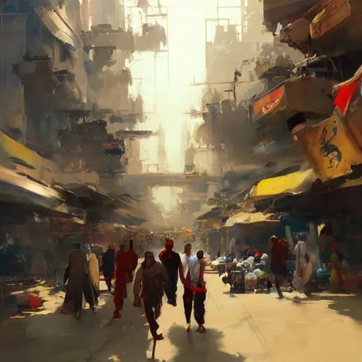 Prompt: greg manchess painting of baghdad in the year 2 0 7 7, painting, cyberpunk style, trending on artstation, by huang guangjian and gil elvgren and sachin teng