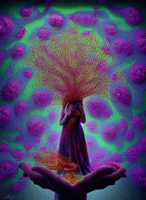 Image similar to hyper detailed 3d render like a Oil painting - Aurora (Singer) Eats of the Strangling network of lomochrome Fruit and Her delicate Hands hold of gossamer polyp blossoms bring iridescent fungal flowers whose spores black the foolish stars by Jacek Yerka, Mariusz Lewandowski, Houdini algorithmic generative render, Abstract brush strokes, Masterpiece, Edward Hopper and James Gilleard, Zdzislaw Beksinski, Mark Ryden, Wolfgang Lettl, hints of Yayoi Kasuma, octane render, 8k