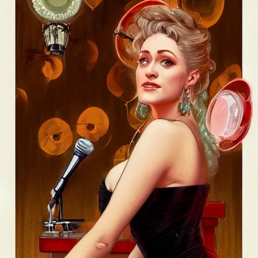 Prompt: Olivia Taylor Dudley as a lounge singer at a bar, intricate, elegant. highly detailed, digital painting, artstation, concept art, smooth, sharp, focus, illustration, art by artgerm and greg rutkowski and alphonse mucha