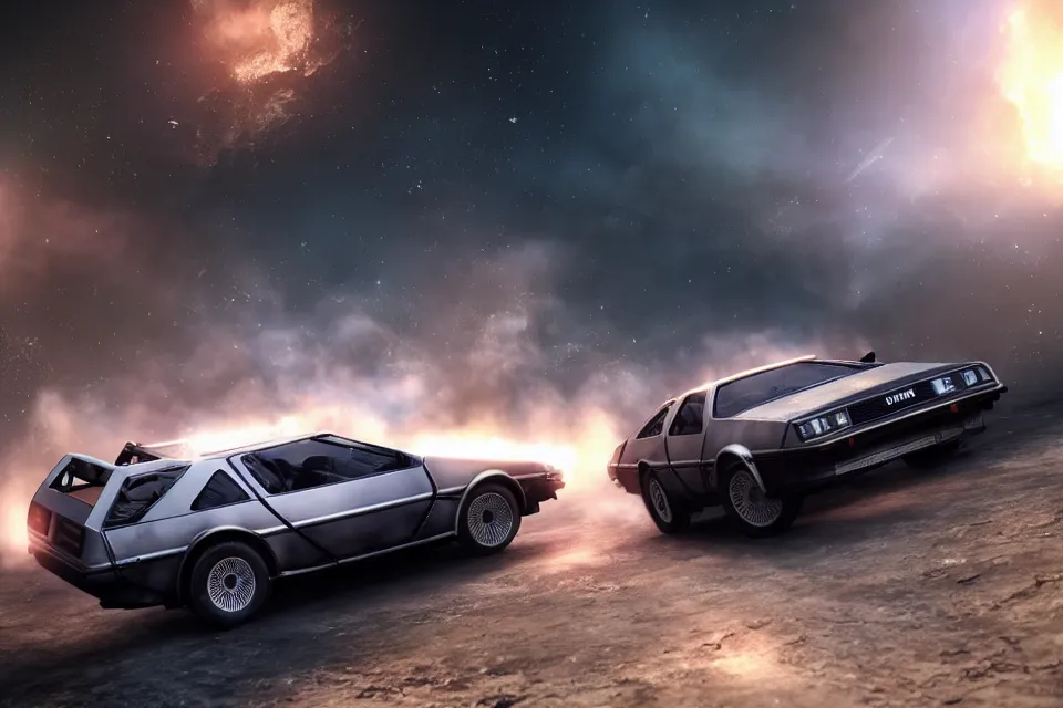 Image similar to ultra realistic delorean dmc 5 drifting on remote ancient highway wreckage in space, dark cinematic, volumetric, realistic, 3 d render, realistic render, cinematic lighting, volumetric lighting, atmospheric, cinematic, unreal engine 5, unreal engine render, octane render, hd, photorealism, hyper realistic, 8 k