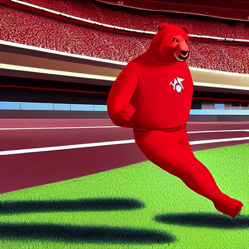 Prompt: A sportsman bear character running on a stadium. Red outfit. Digital art Pixar character