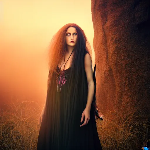 Image similar to photographic portrait of a stunningly beautiful witch pagan priestess female in soft dreamy light at sunset, contemporary fashion shoot, by edward robert hughes, annie leibovitz and steve mccurry, david lazar, jimmy nelsson, breathtaking, 8 k resolution, extremely detailed, beautiful, establishing shot, artistic, hyperrealistic, beautiful face, octane render