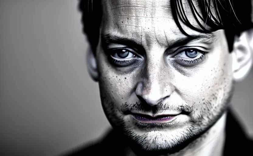 Image similar to photographic portrait by Annie Leibovitz of Tobey Maguire, closeup, foggy, sepia, moody, dream-like, sigma 85mm f/1.4, 15mm, 35mm, 4k, high resolution, 4k, 8k, hd, full color