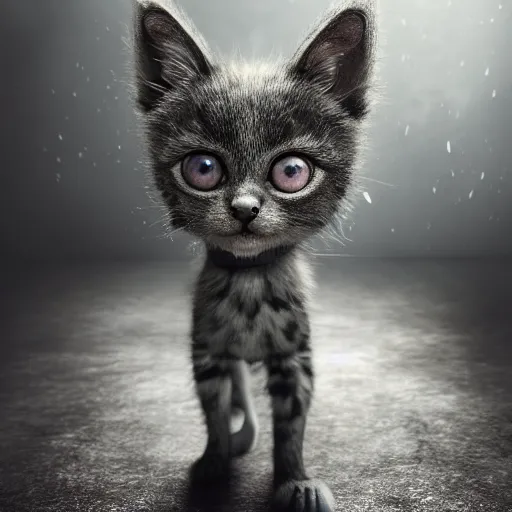 Prompt: full body pose, hyperrealistic photograph of gothic kitten, dim volumetric lighting, 8 k, octane beautifully detailed render, extremely hyper detailed, intricate, epic composition, cinematic lighting, masterpiece, trending on artstation, very very detailed, stunning, hdr, smooth, sharp focus, high resolution, award, winning photo, dslr, 5 0 mm