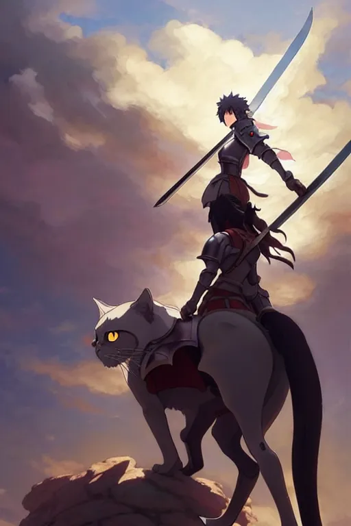 Prompt: a full body of the female knight riding a giant cat with gigantic sword, finely detailed features, closeup at the faces, perfect art, gapmoe yandere grimdark, trending on pixiv fanbox, painted by miura kentaro greg rutkowski makoto shinkai takashi takeuchi studio ghibli, akihiko yoshida