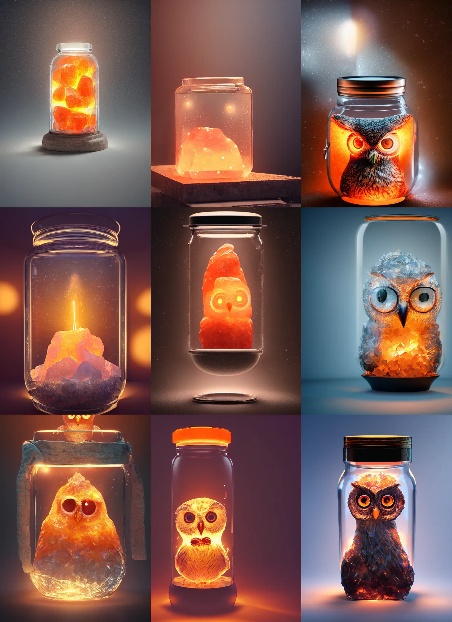 Prompt: a himalayan rocksalt lamp owl inside a glass jar, intricate detail, volumetric lighting, epic composition, hyper detailed, ultra realistic, sharp focus, octane render, ray tracing, sense of awe