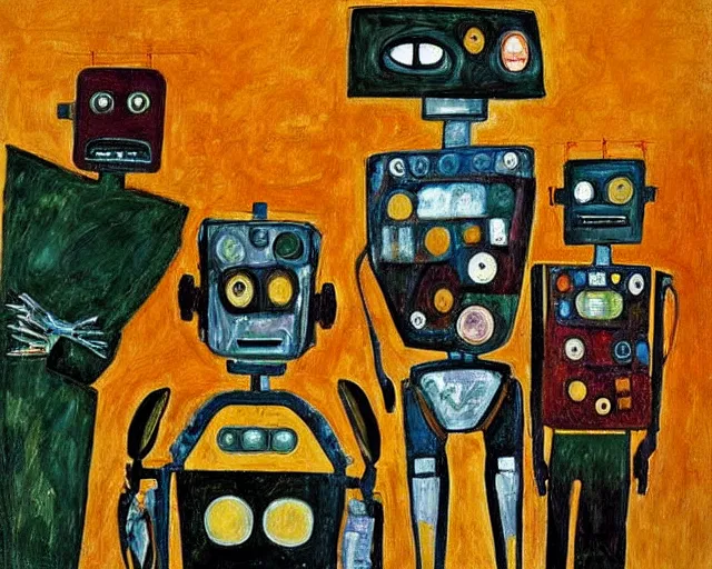 Image similar to a painting of a robot family portrait by graham sutherland, egon schiele, expressionism