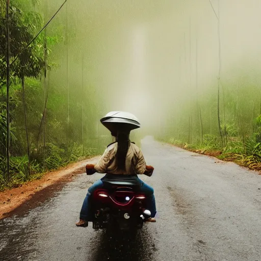 Prompt: a potato riding a motorcycle through the jungle, low angle with rain and lightning, dramatic scene from a movie
