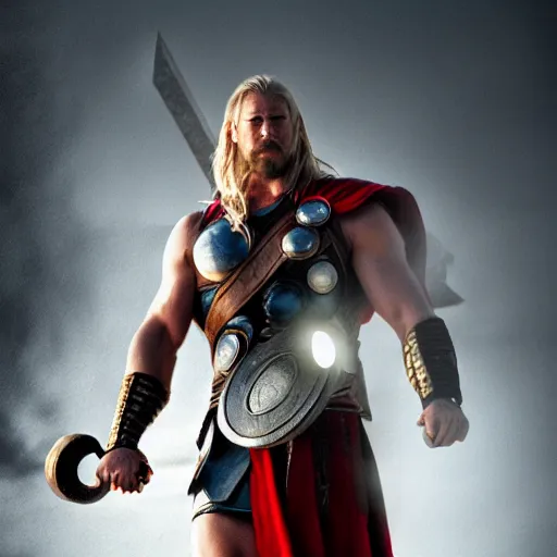 Image similar to warrior, male, thor, muscular, by wlop, cinematic, dark