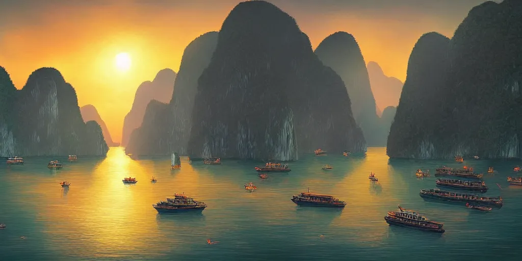 Image similar to halong bay vietnam, by dan mumford, artstation, behance, highly detailed, concept art, dramatic lighting