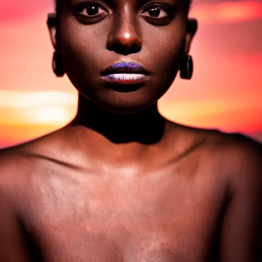 Prompt: portrait face of a beautiful gorgeous black edgy model girl with short hair, bikini, she's sad, sunset, street of africa, 8 0 mm lens, 1. 2 aperture, grainy image, close up, cinematic light, 8 k, 4 k, flair, neon lights, very detailed, depressing atmosphere, cover magazine