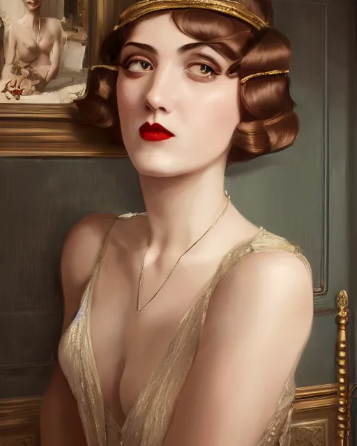 Prompt: artgerm and wlop portrait digital realist painting of a 1 9 2 0 s beautiful woman at a party in a mansion, mansion interior in the background, unreal engine, hyper realism, realistic shading, cinematic composition, realistic render, octane render, detailed textures, photorealistic, ultrawide shot, 3 5 mm film