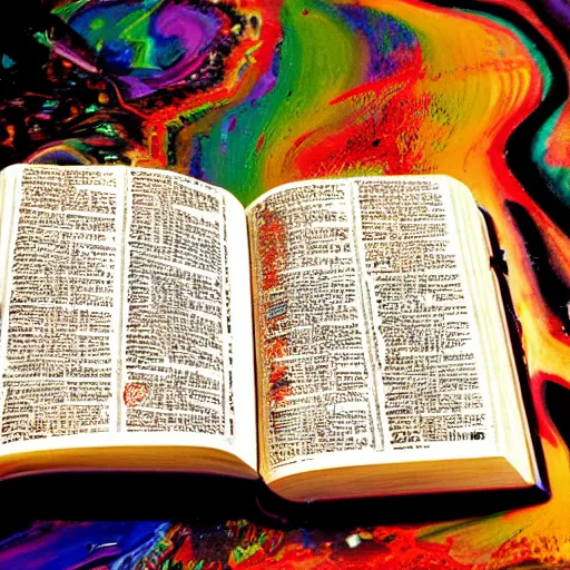 Prompt: the Bible in the middle of a beautiful paradise, colorful, stunning, vibrant, hd