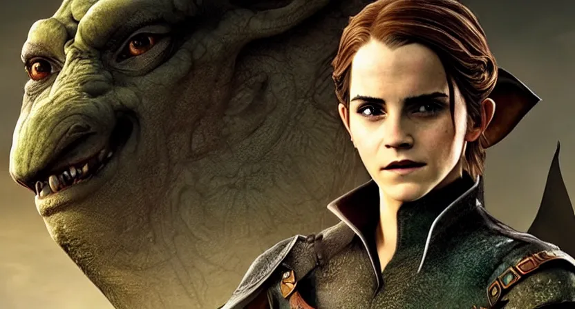 Image similar to promotional image of emma watson as a bald elf in dragon age : inquisition, hyperrealistic, detailed face, movie still, promotional image, imax 7 0 mm footage