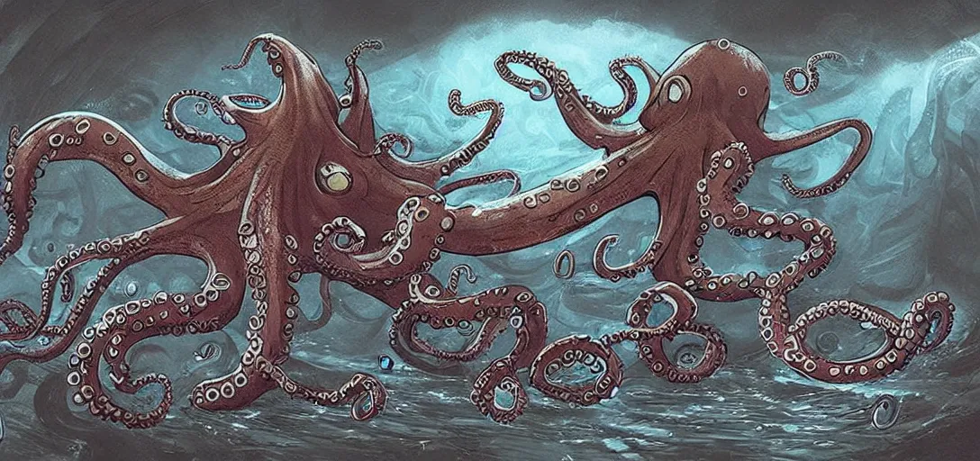 Image similar to concept art of octopus attack, lovecraftian, lots of teeth, melting horror, fighting the horrors of the unknown with laser guns