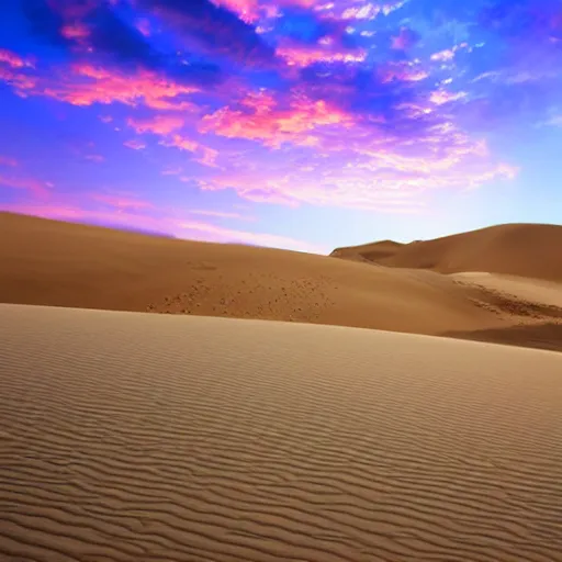 Prompt: beautiful sunset in the desert, sand dunes, dramatic, colorful