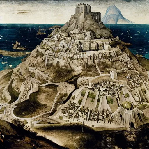 Image similar to Minas Tirith by Bruegel and Hokusail, masterpiece