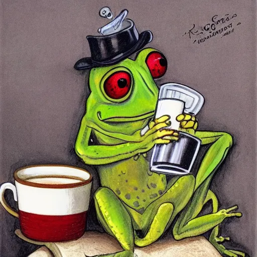 Image similar to mr 🐸 drinking ☕ by james gurney