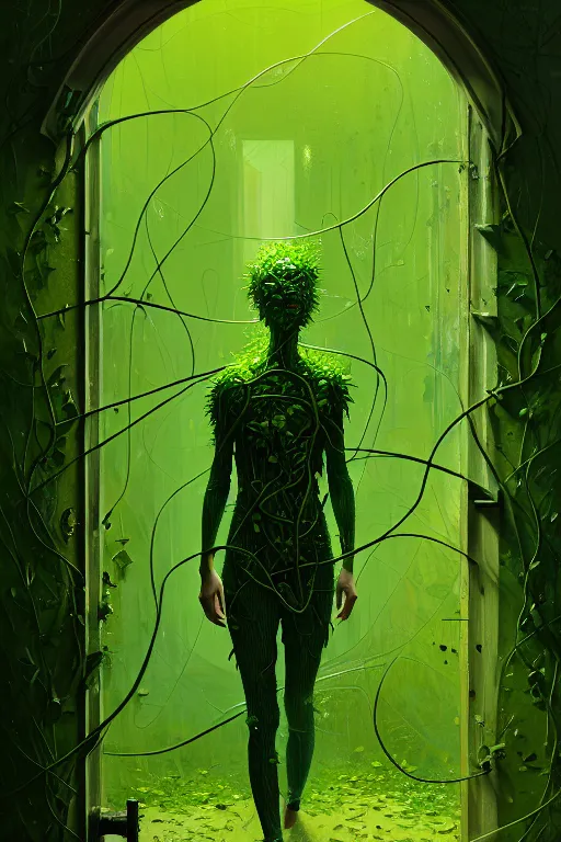 Image similar to detailed painting of person made of green vines opening a door, plants, horror, gritty, elegant, luxury, by ismail inceoglu dragan bibin hans thoma greg rutkowski alexandros pyromallis nekro rene maritte illustrated, perfect face, fine details, realistic shaded