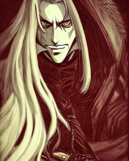 Prompt: portrait of alucard from castlevania, elegant, beautiful, mesmerizing, concept art, inspired by otoyomegatari manga, fancy clothing, highly detailed, artstation, behance, deviantart, trending, kaoru mori