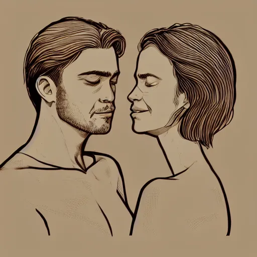 Image similar to perfectly centered symmetrical split male and female portrait of man and woman in love sharing one heart. illustration, highly detailed, simple, no jagged lines, smooth, artstation, artwork by chip zdarsky