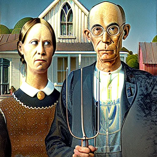 Prompt: picture of grant wood with the image of a pair of astronauts in the style of american gothic