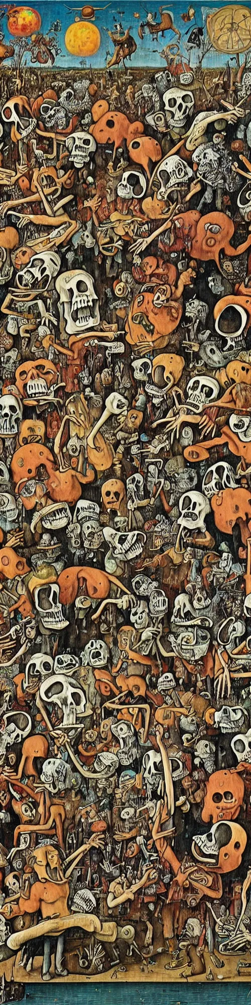 Prompt: epic mural of grizzly bear skeletons dancing, hieronymus bosch, victor moscoso, owsley, r crumb