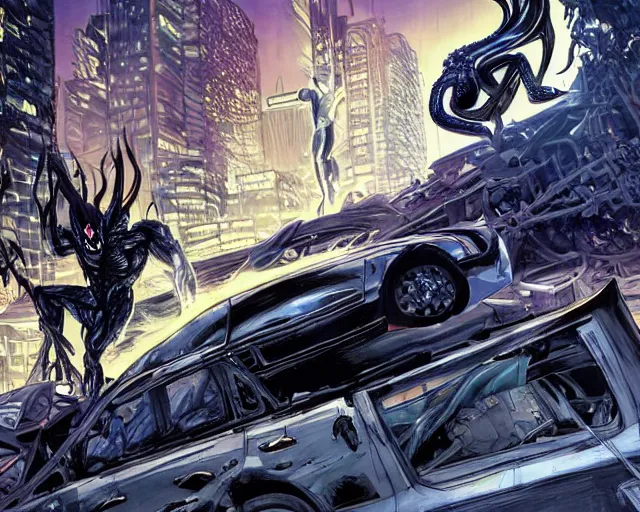 Prompt: Venom standing on top of a wrecked car in the city, open arms art by Clayton Crain and Gerardo Sandoval, Ultra detailed