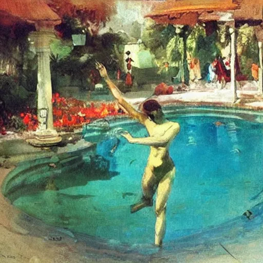 Prompt: A installation art of a swimming pool with a big splash in the center. The colors are very bright and the installation art is very eye-catching. in India by Anders Zorn expressive